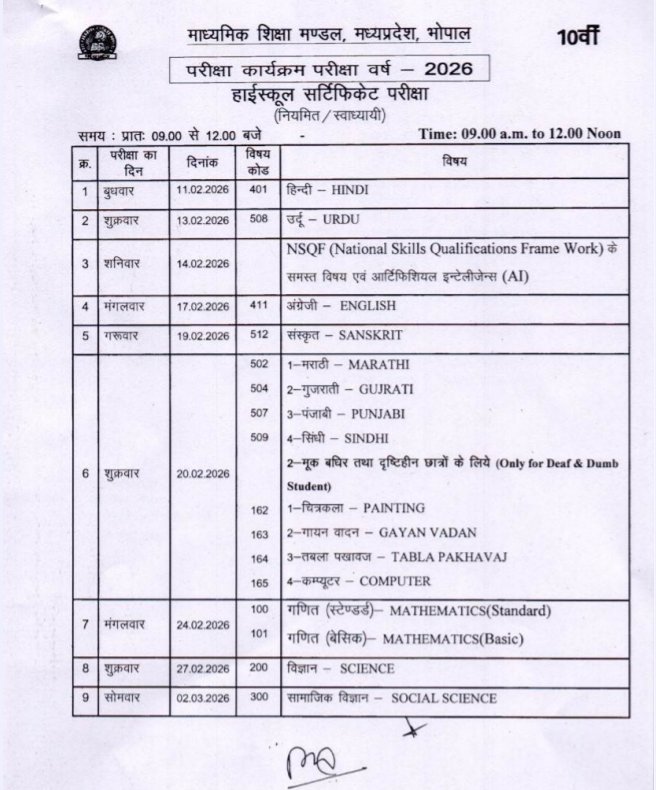 MP Board 10th Time Table 2026