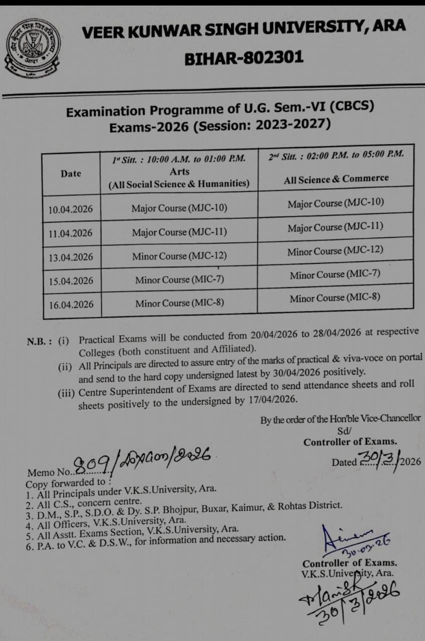 VKSU UG 6th Semester Exam Date 2026 OUT