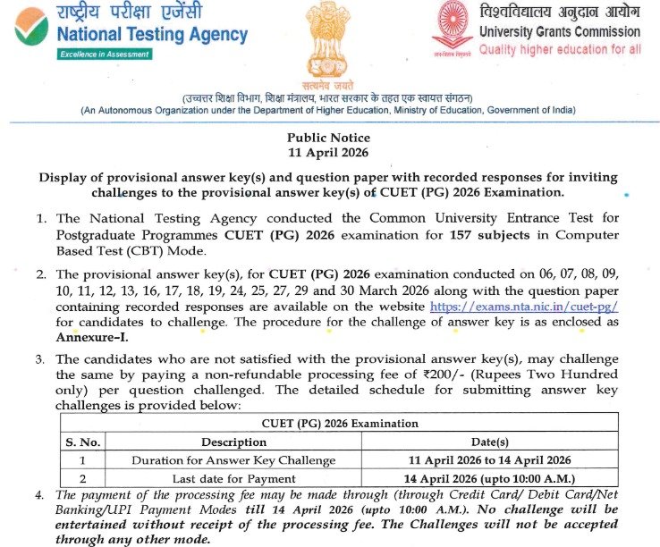 NTA CUET PG Answer key 2026 Out