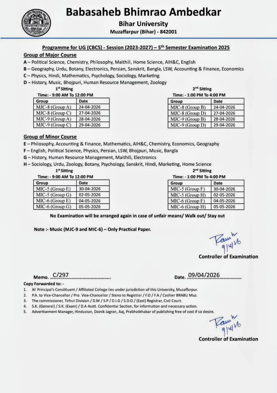 Babasaheb Bhimrao Ambedkar Bihar University UG 5th Semester Exam Schedule 2023-27
