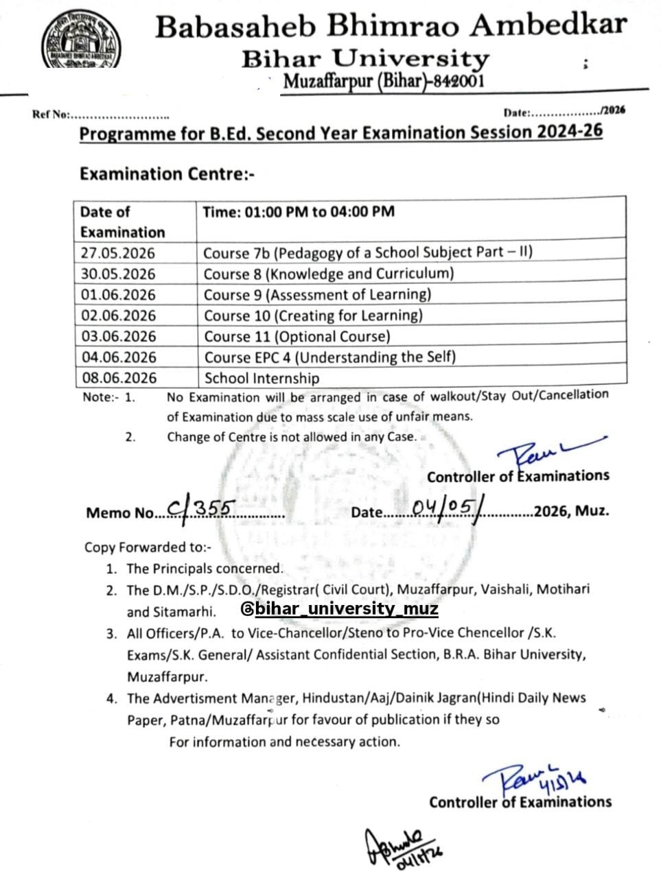 BRABU B.Ed. Second Year Exam 2024-26