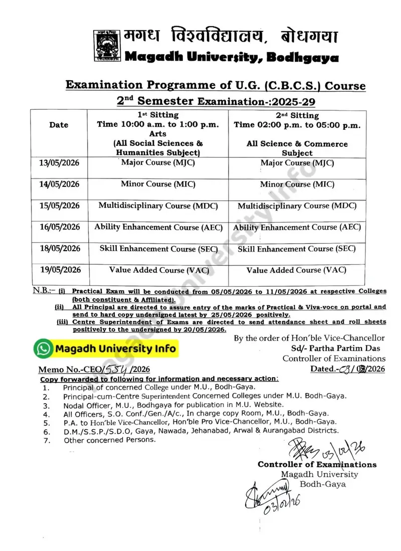 Magadh University UG Semester 2 Admit Card 2025-29