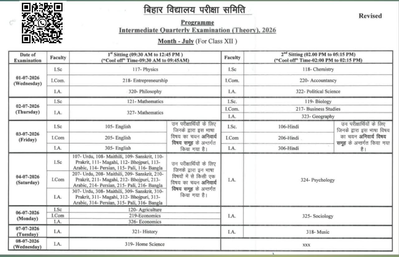 Bihar Board 12th Quarterly Exam 2026