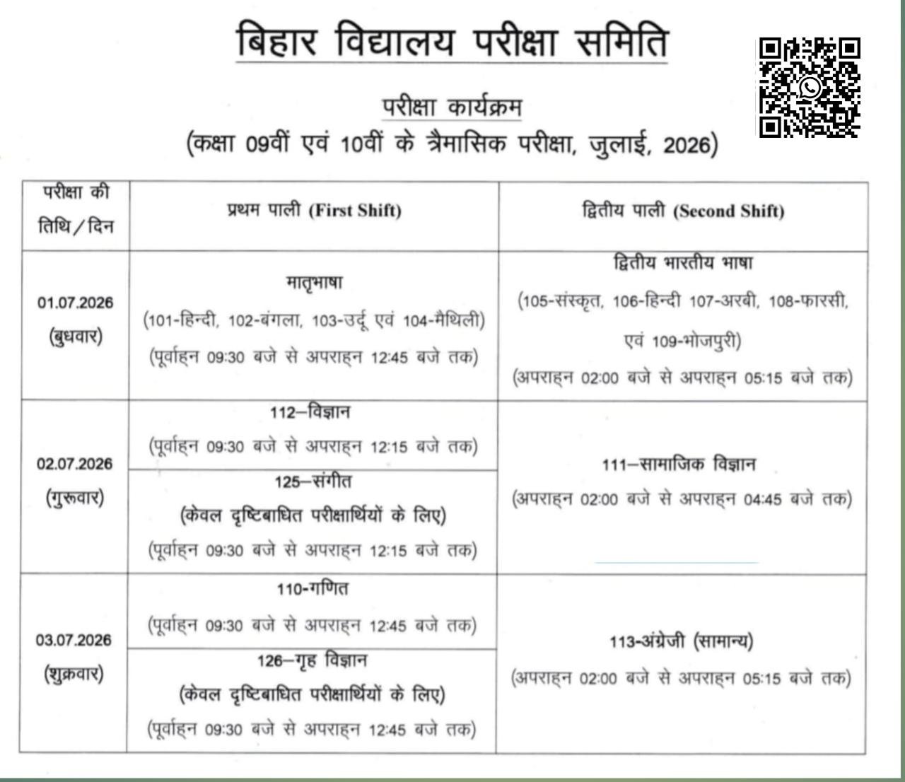 Bihar Board 9th & 10th Quarterly Exam Routine 2026