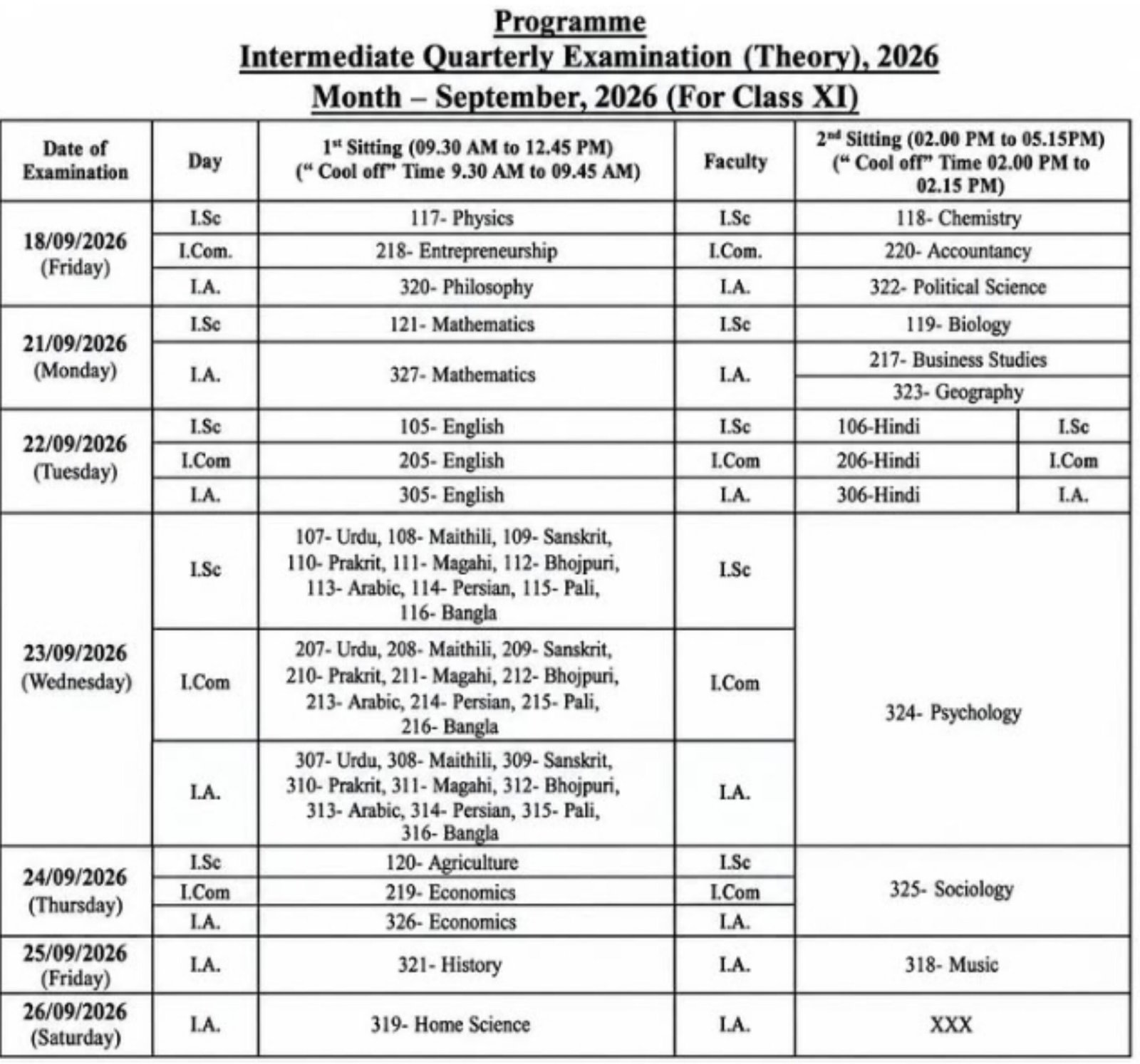 Bihar Board 9th 10th 11th 12th September Exam Routine 2026