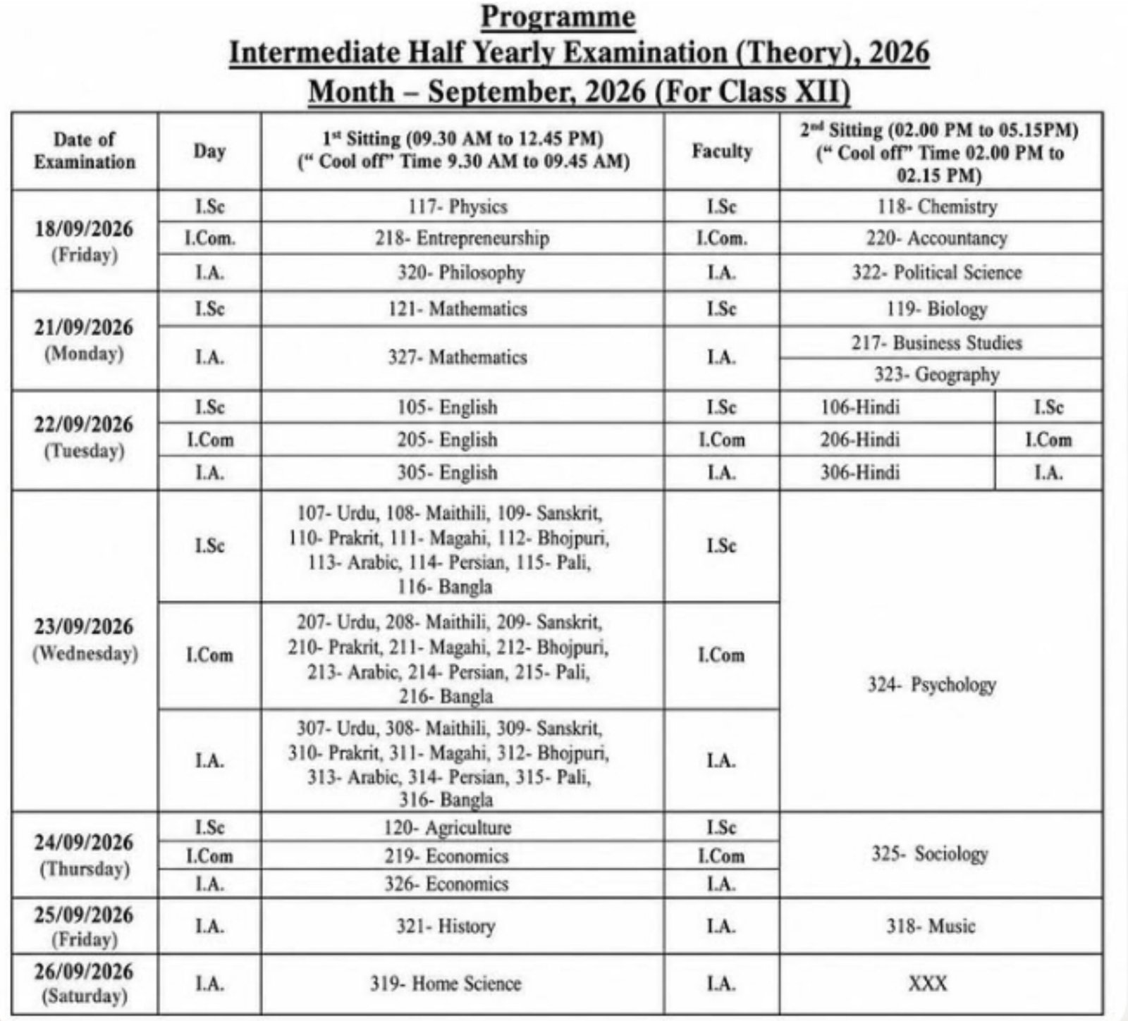 Bihar Board 9th 10th 11th 12th September Exam Routine 2026