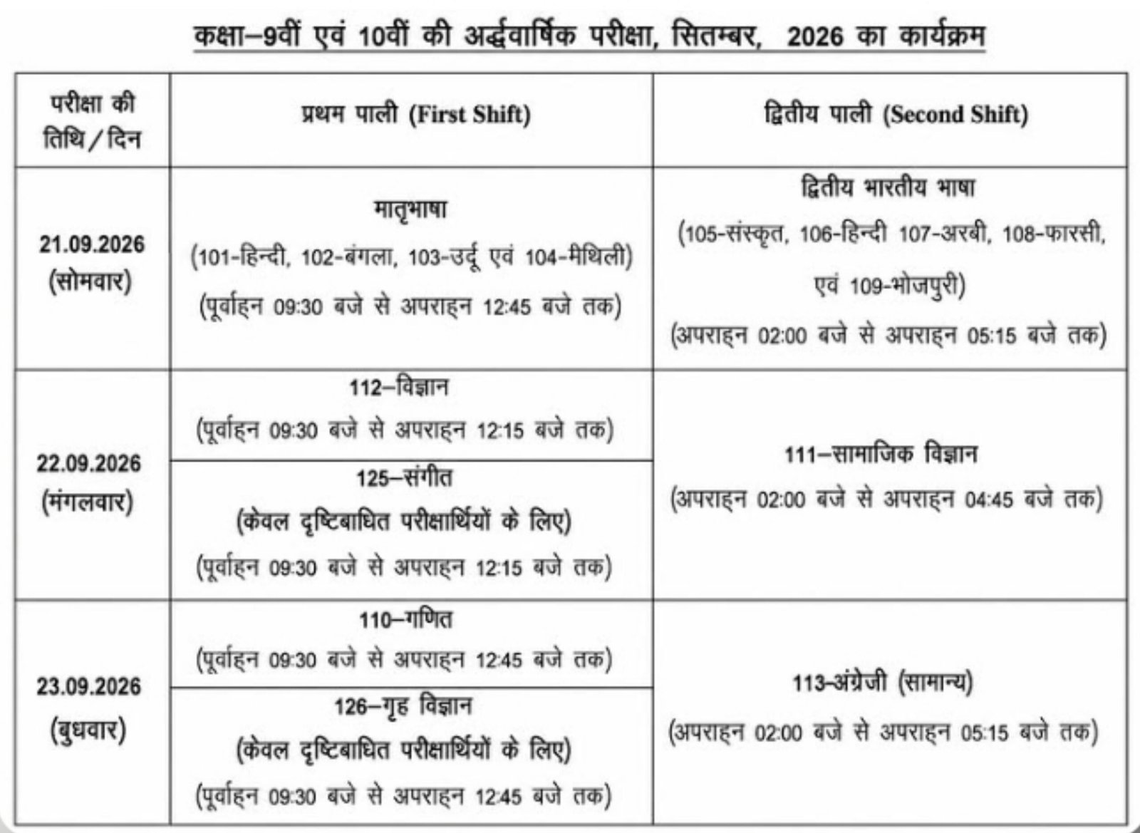 Bihar Board 9th 10th 11th 12th September Exam Routine 2026