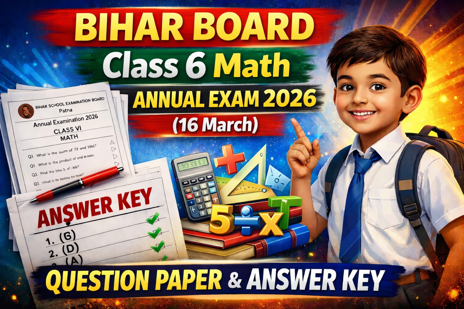Bihar School Class 6 Math Annual Exam 2026 Question Paper and Answer Key