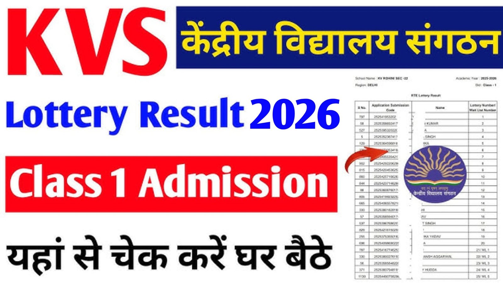 Kendriya Vidyalaya KVS Admissions Lottery Result Declared 2026