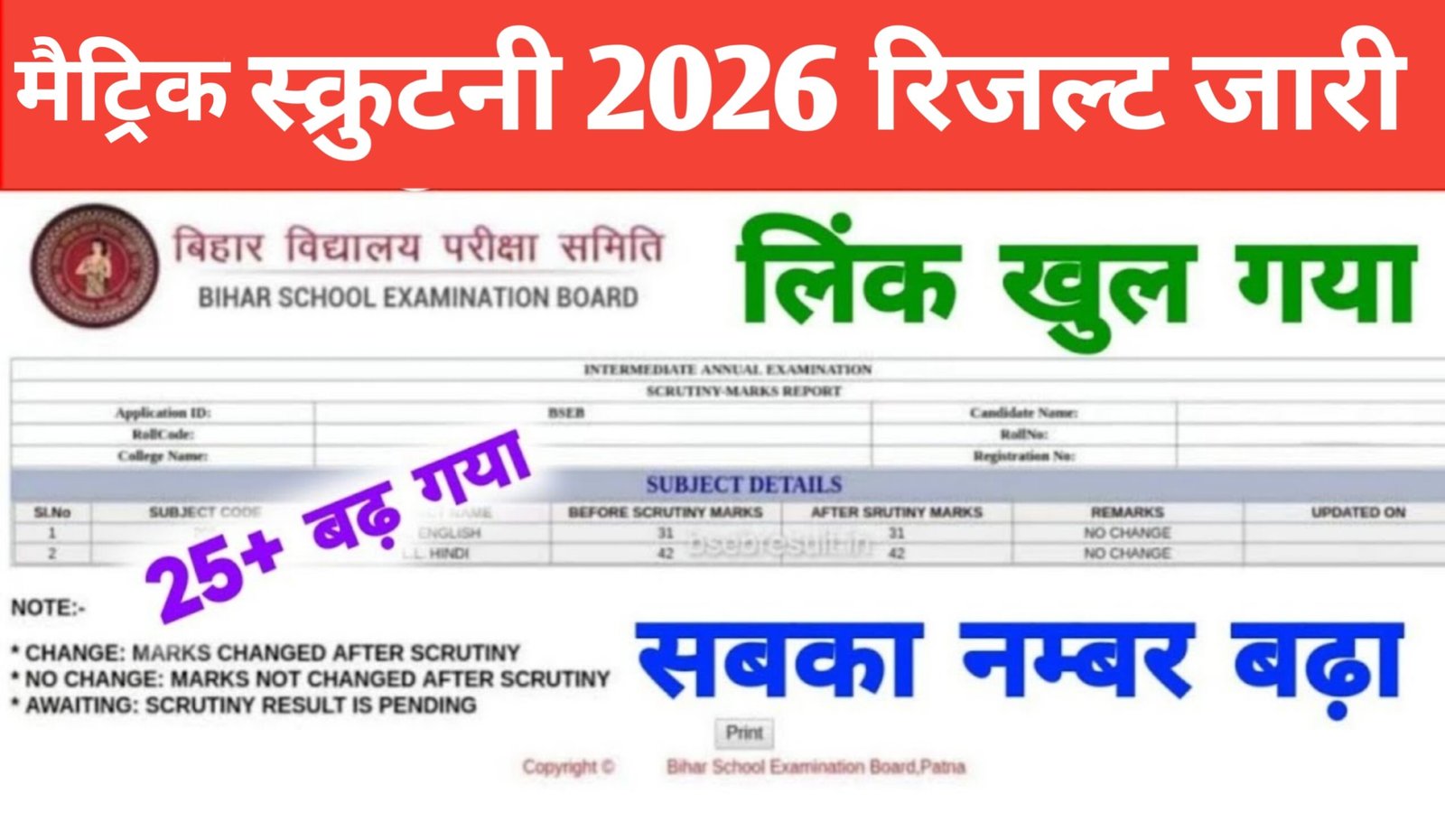 Bihar Board 10th Scrutiny Result 2026